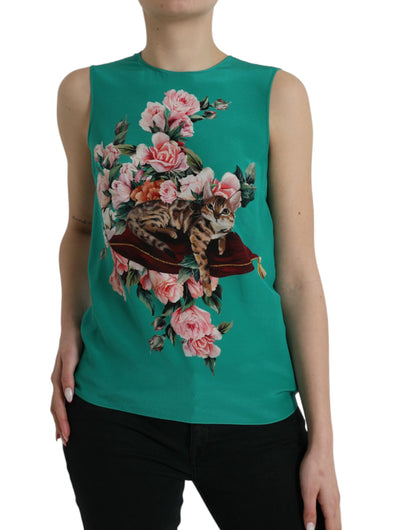 Dolce & Gabbana Elegant Silk Sleeveless Floral Cat Tank Top