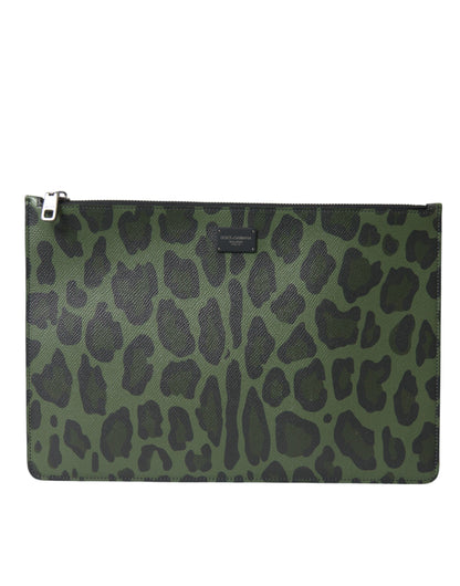 Dolce & Gabbana Elegant Green Leopard Print Calf Leather Clutch