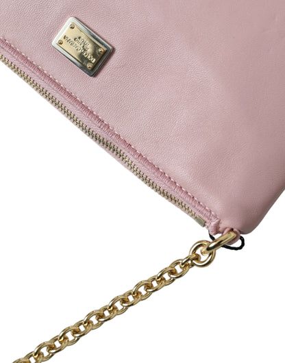 Dolce & Gabbana Elegant Pink Leather Pouch Clutch with Floral Embroidery