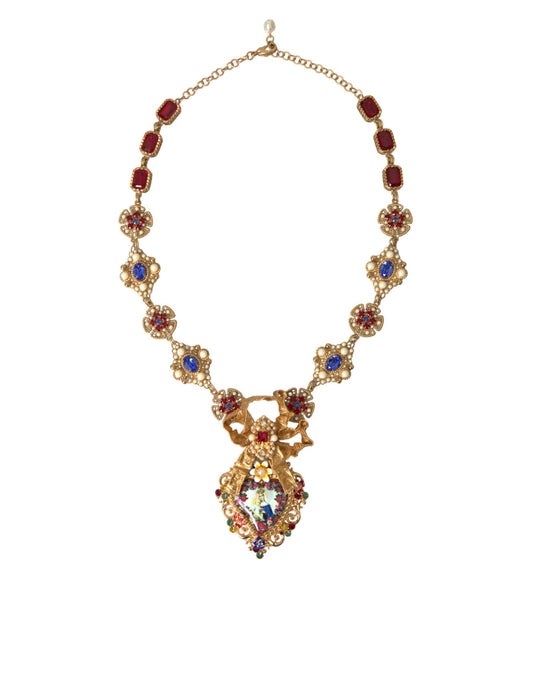 Dolce & Gabbana Gold Brass Mama Mary Crystal Pearl Embellished Necklace