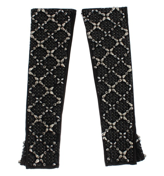 Dolce & Gabbana Elegant Black Crystal Beaded Leather Gloves