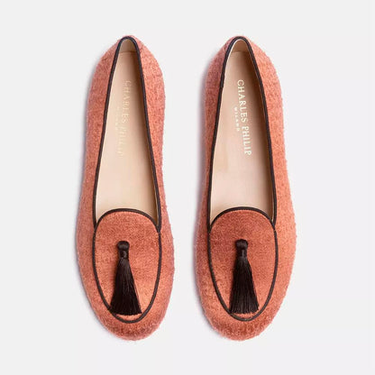 Charles Philip Velvet Tassel Moccasins in Vivid Orange