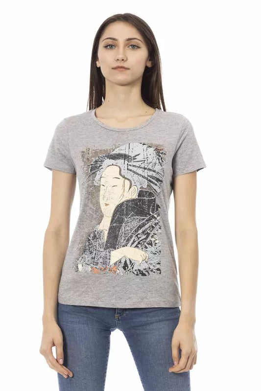 Trussardi Action Chic Gray Round Neck Cotton Tee with Print