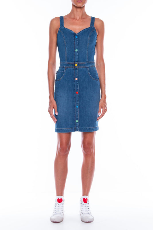 Love Moschino Chic Sleeveless Denim Dress with Beaded Logo